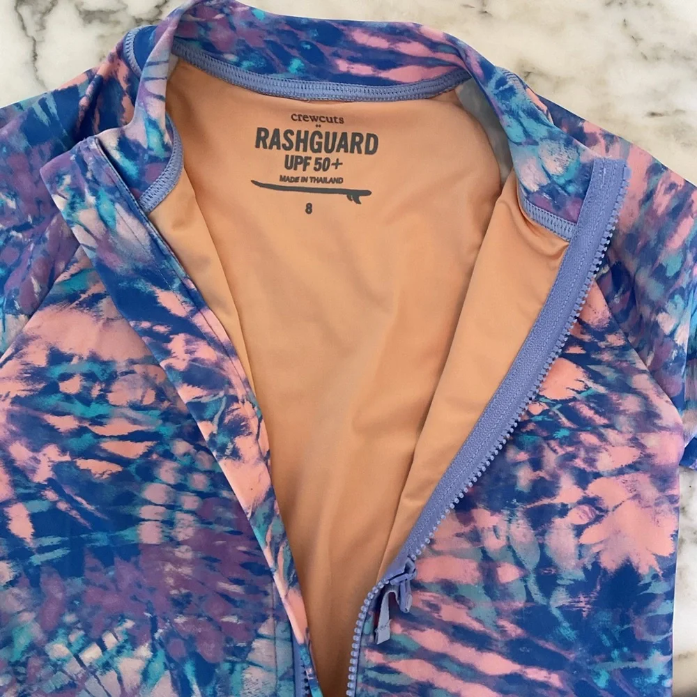 EUC J crew Girls' tie-dye rash guard swimsuit Sz 8 Broken Zipper Customer Return